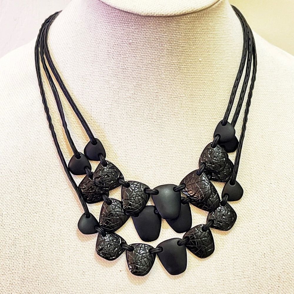 Tri-Strand Dual Finish Etched Black Statement Necklace - Matte & Glossy - NWT